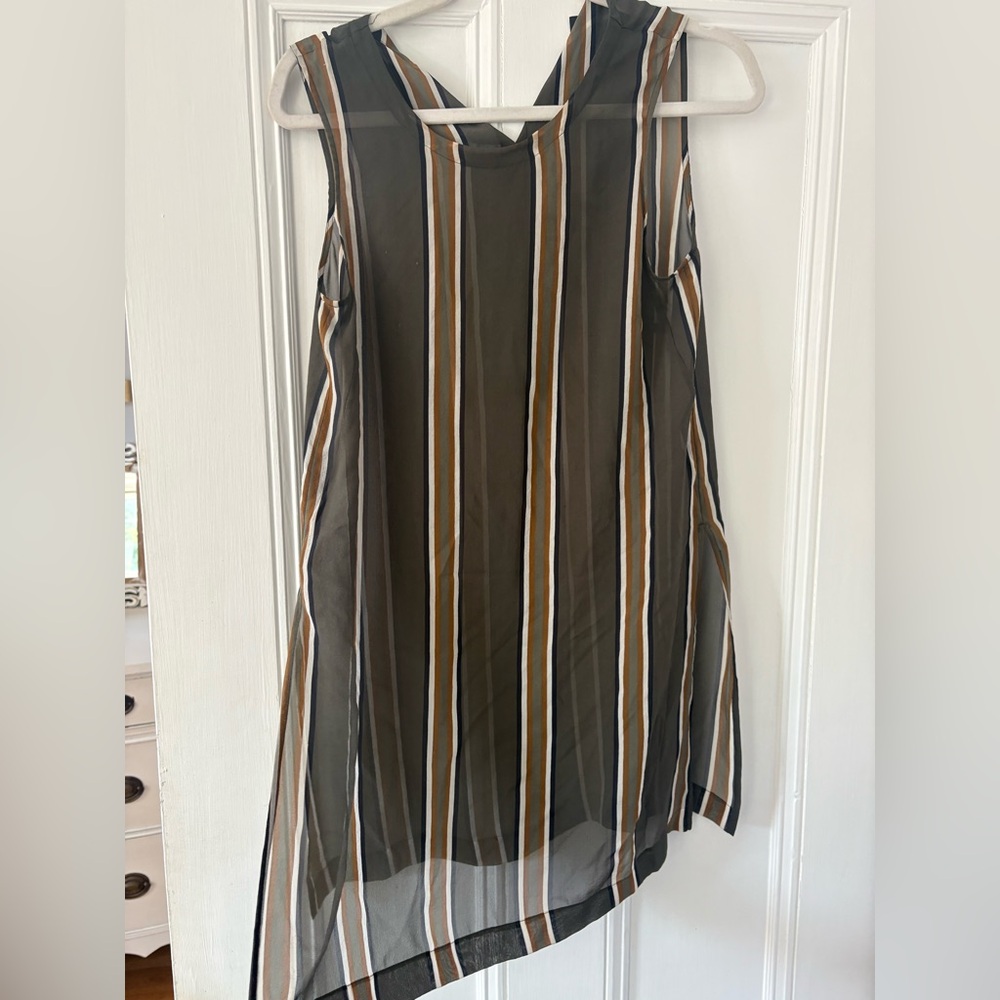 Vince Olive Green Striped Sleeveless Tunic with White and Tan Stripes
